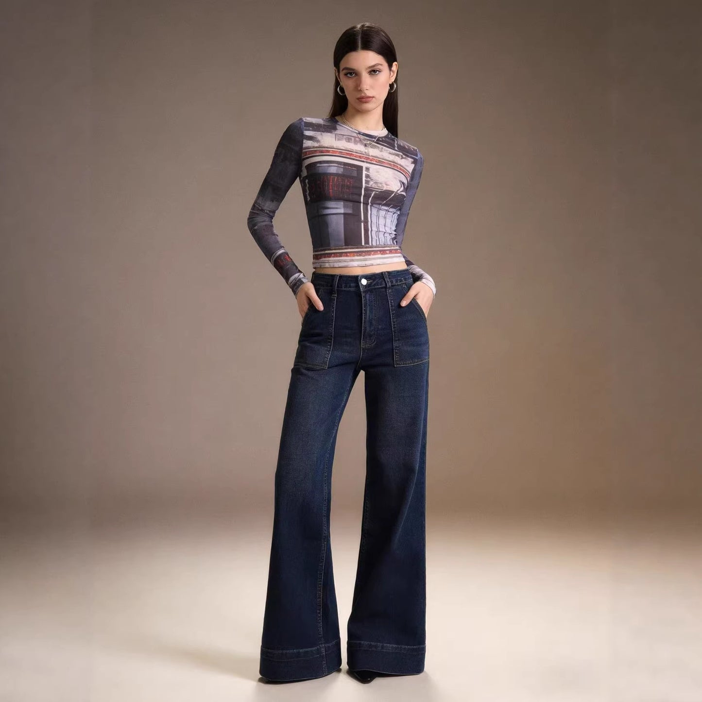 Women's Waist Wide Leg Leisure Loose Washed-out Jeans