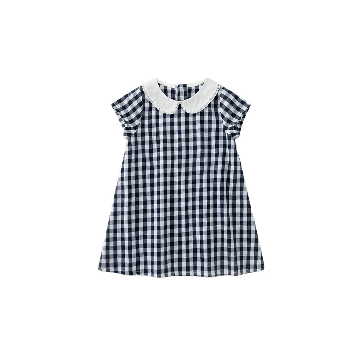 Navy Grid Summer Korean Style Ruffled Short Sleeves Children's Dress