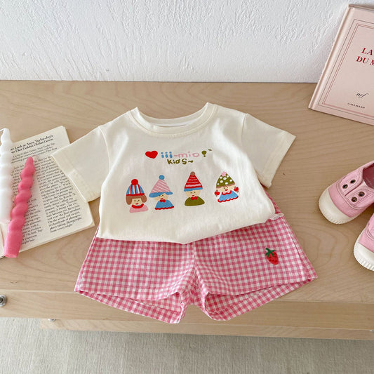 Children's Clothing Super Cute T-shirt Plaid Shorts Two-piece Children's Suit