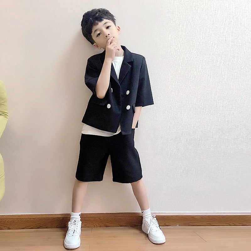 Children's Summer Short Sleeve Trendy Handsome British Dress Flower Catwalk Children's Suit