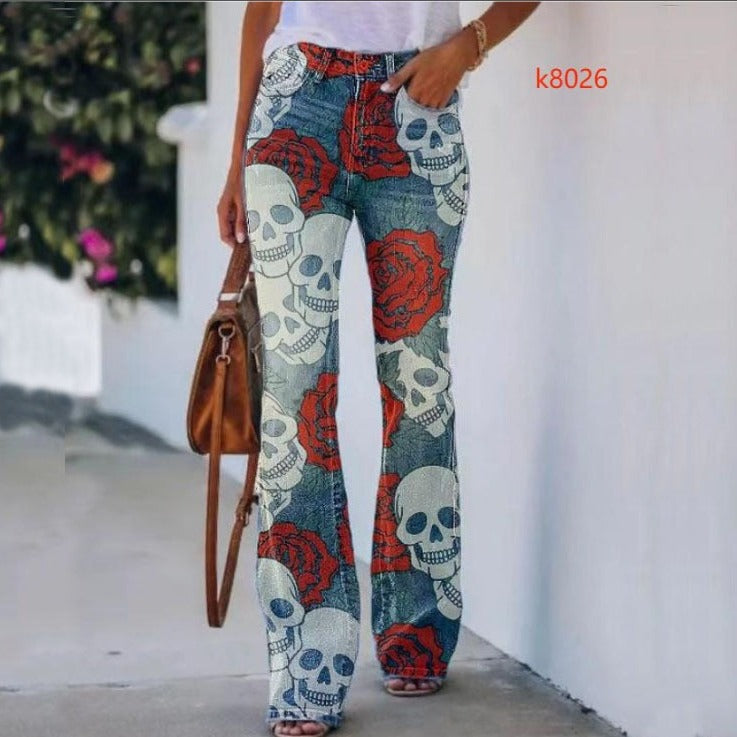 Pretty Women's Large Printed Denim Thin Jeans
