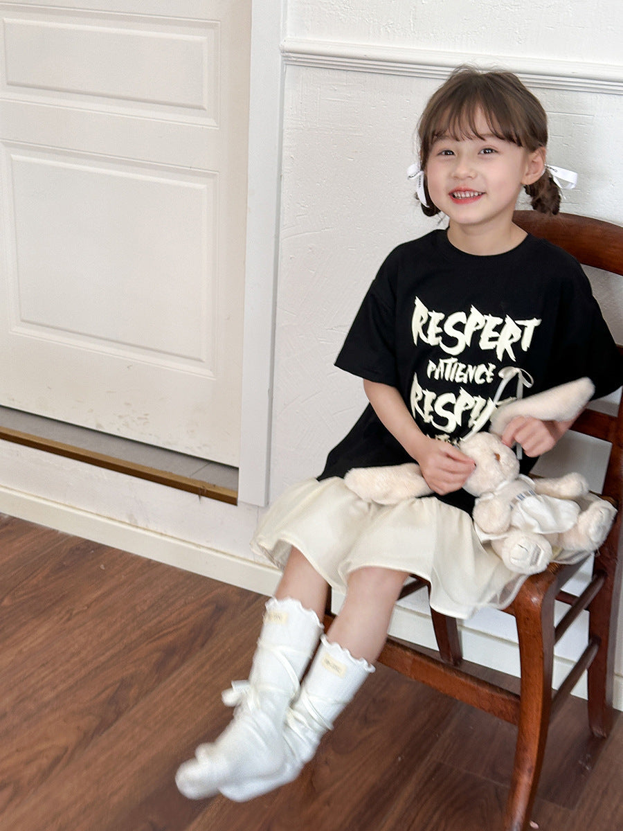 Fashionable T-shirt Bow Short-sleeved Letter Fake Children's Dress