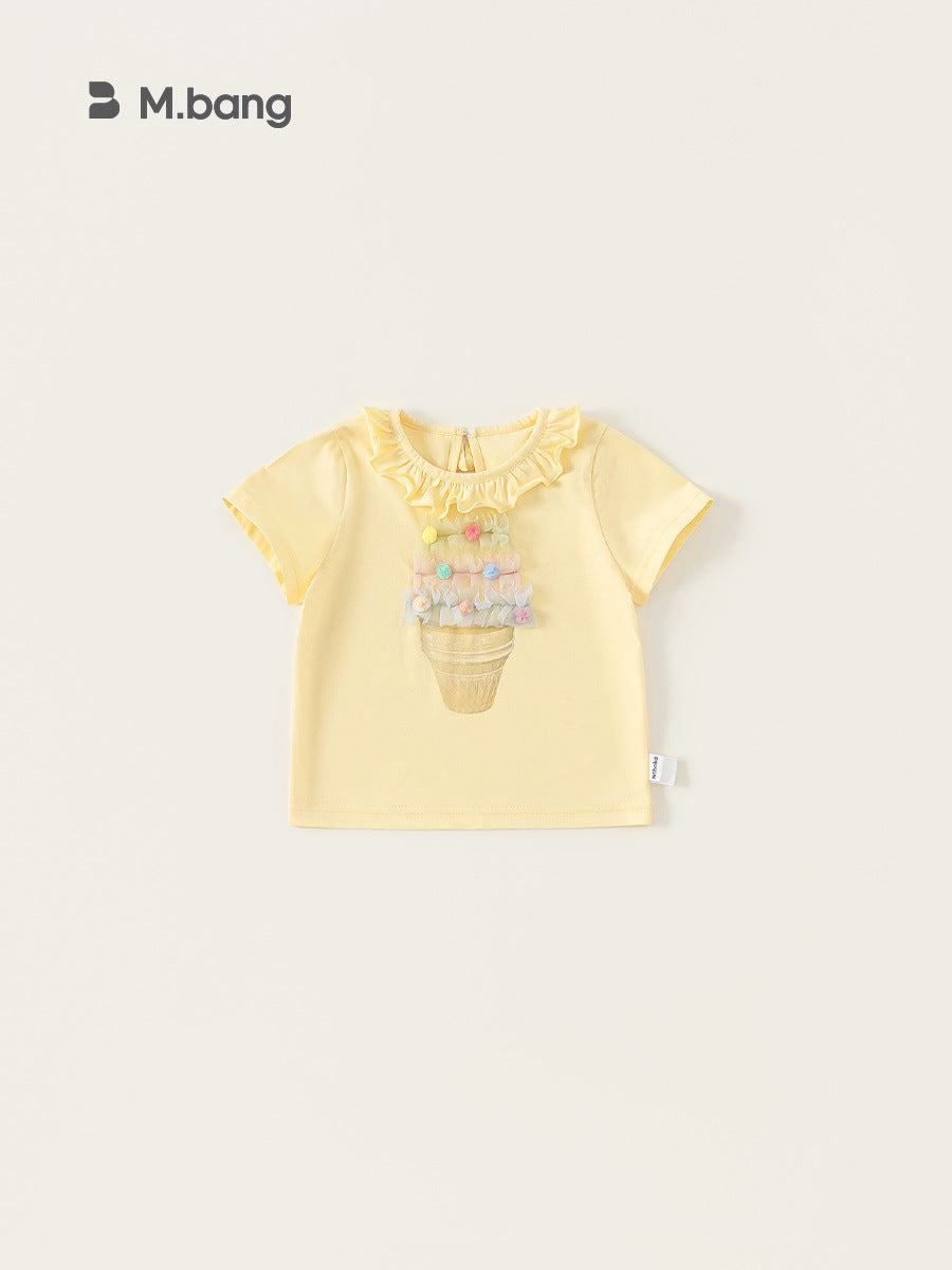 Children's Top Summer Lace Collar Printed Hairy Ball Female Little Short Children's T-shirt