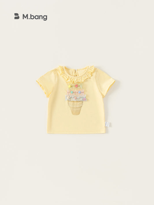Children's Top Summer Lace Collar Printed Hairy Ball Female Little Short Children's T-shirt
