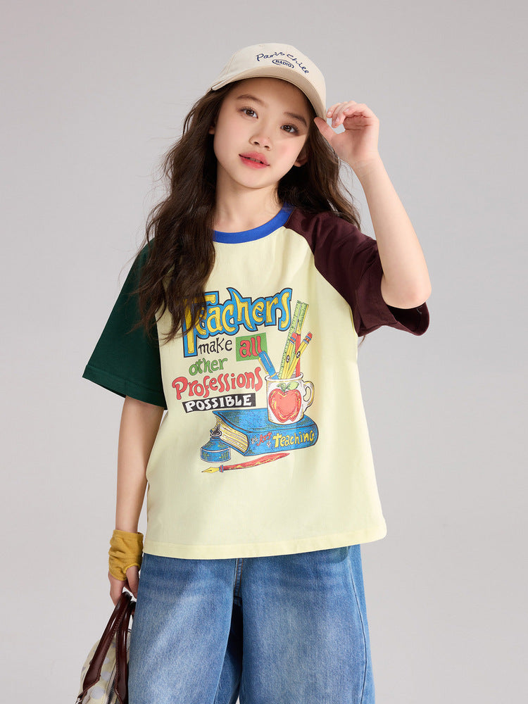 Children's Pudding Summer Raglan Sleeve Retro All Cotton Children's T-shirt