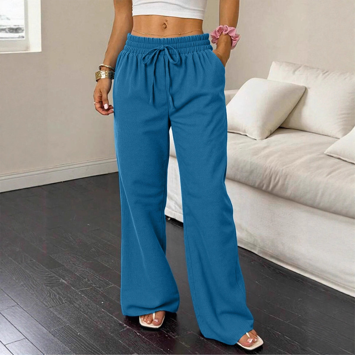 Women's Elastic High Waist Loose Pockets Trousers Casual Pants