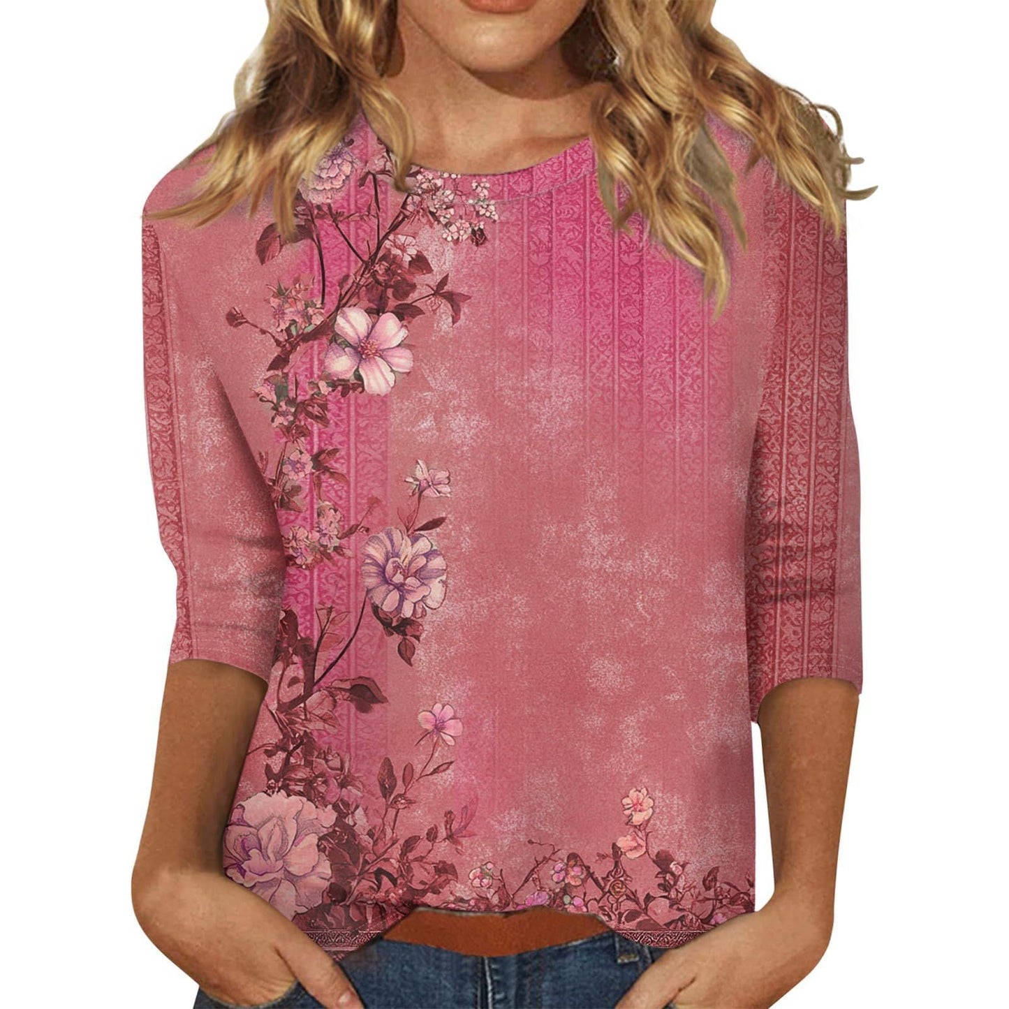 Women's Round Neck Sleeves Loose Print Women's T-shirt
