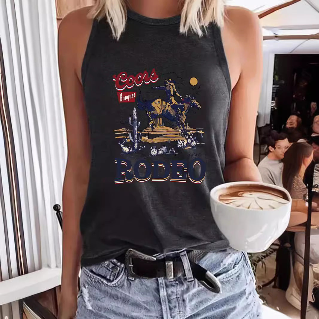Women's Western Denim Sleeveless T-shirt Round Neck Pullover Vests