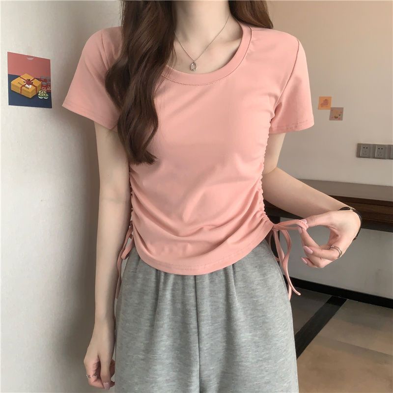 Women's Neck Drawstring Slimming Short-sleeved Design Sense Korean Slim Bottoming Shirt Women's T-shirt