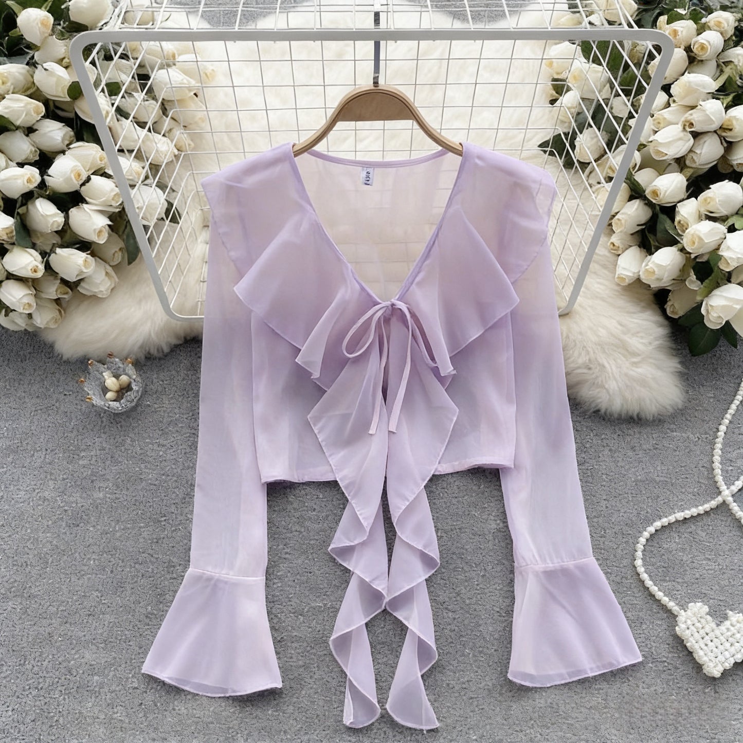 Women's Style Super Fairy Mesh Bow Strap Lace Shirt, Chiffon Shirt