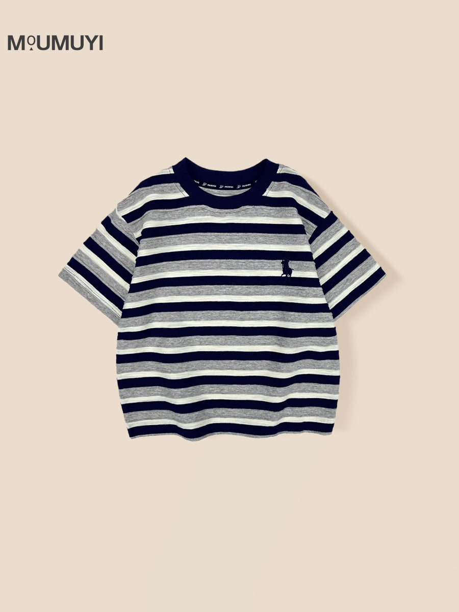 Children's Collar For Boys Contrast Color Wide Striped Embroidered Children's T-shirt
