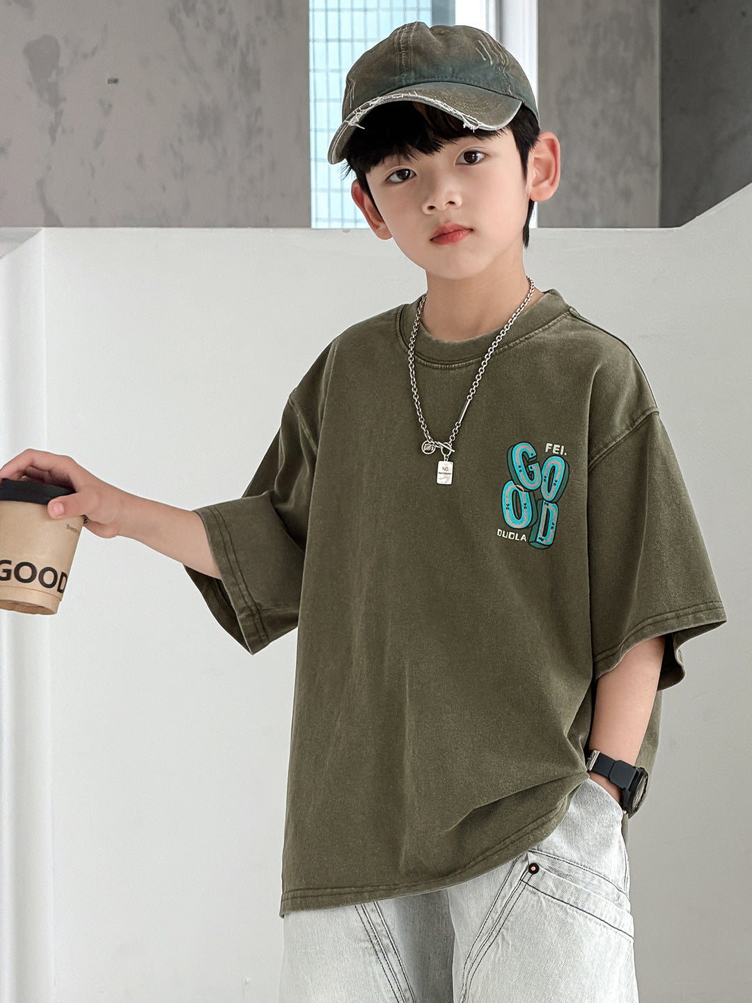 Children's Summer Clothes Loose Top Boys Medium Big Fashion Children's T-shirt