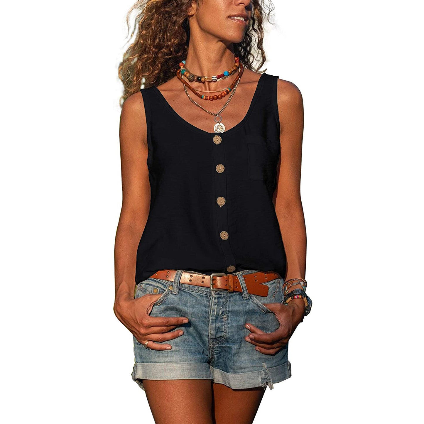 Women's Summer Solid Color Button Shirt Sleeveless Vests