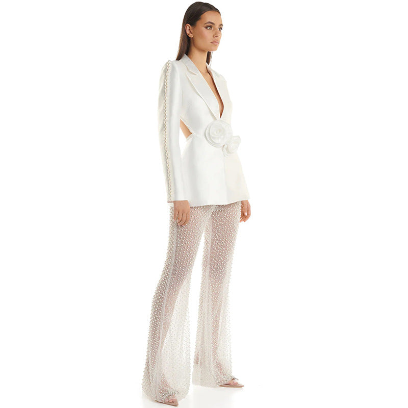 Early Spring Beaded Three-dimensional Flower Pearl Fashion Casual Suit