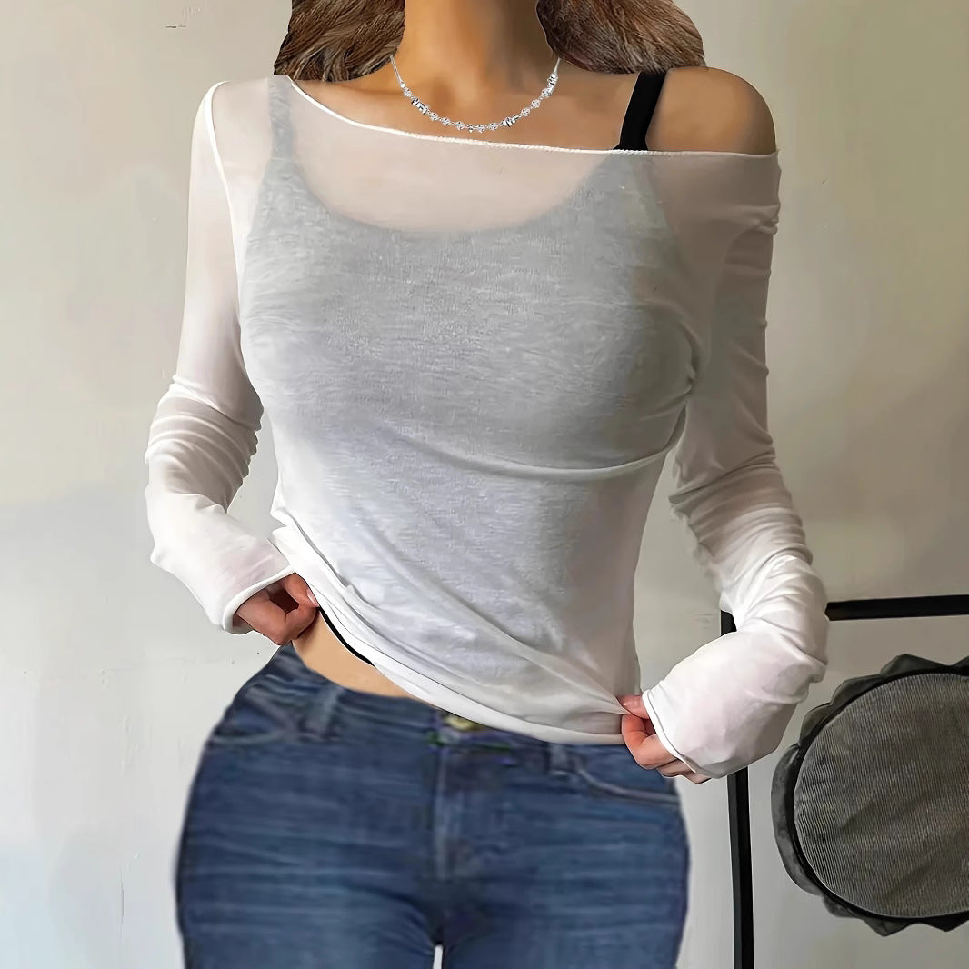 Slant Shoulder Versatile Casual Long Sleeve Sexy Cold-shoulder Blouses
