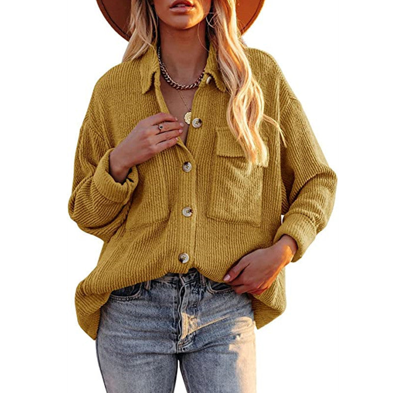 Women's Solid Color Loose Corduroy Lapel Double Pocket Long Coats