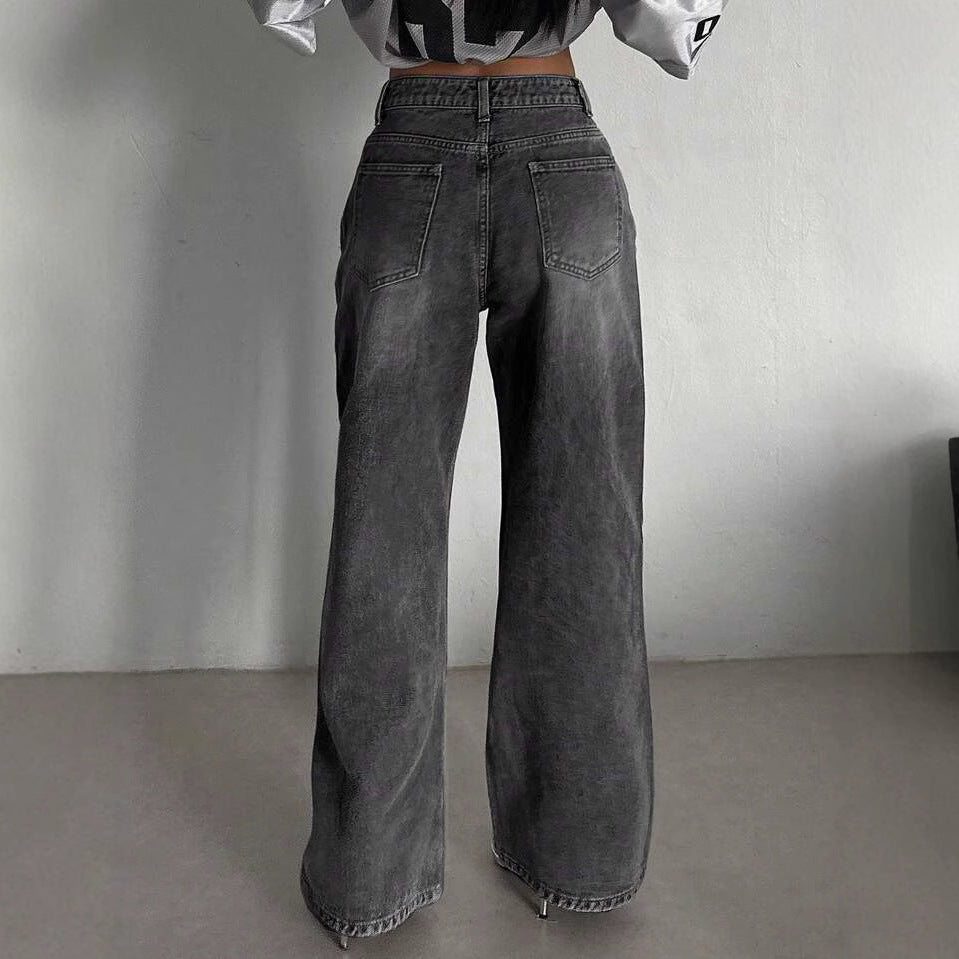 Women's Gray Distressed Autumn Design High Waist Slimming Washed Jeans