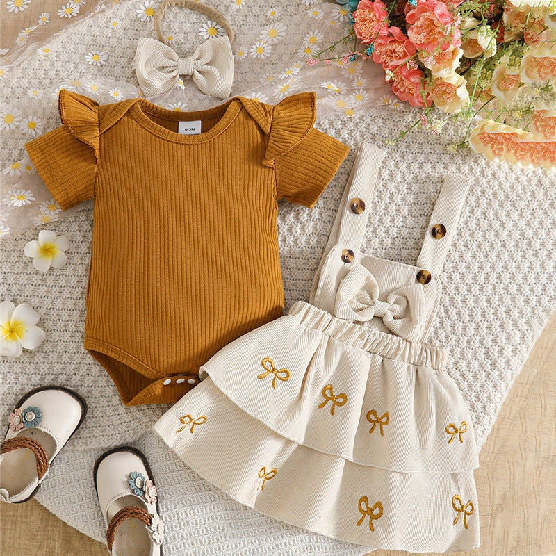 Sleeve Triangle Rompers Bow Embroidered Suspender Dress Headdress Three-piece Children's Suit