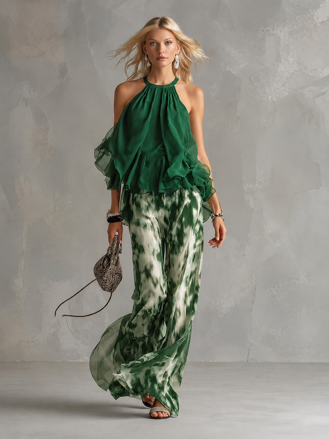 Classy Elegant Urban Camisole Printed Chiffon Pants