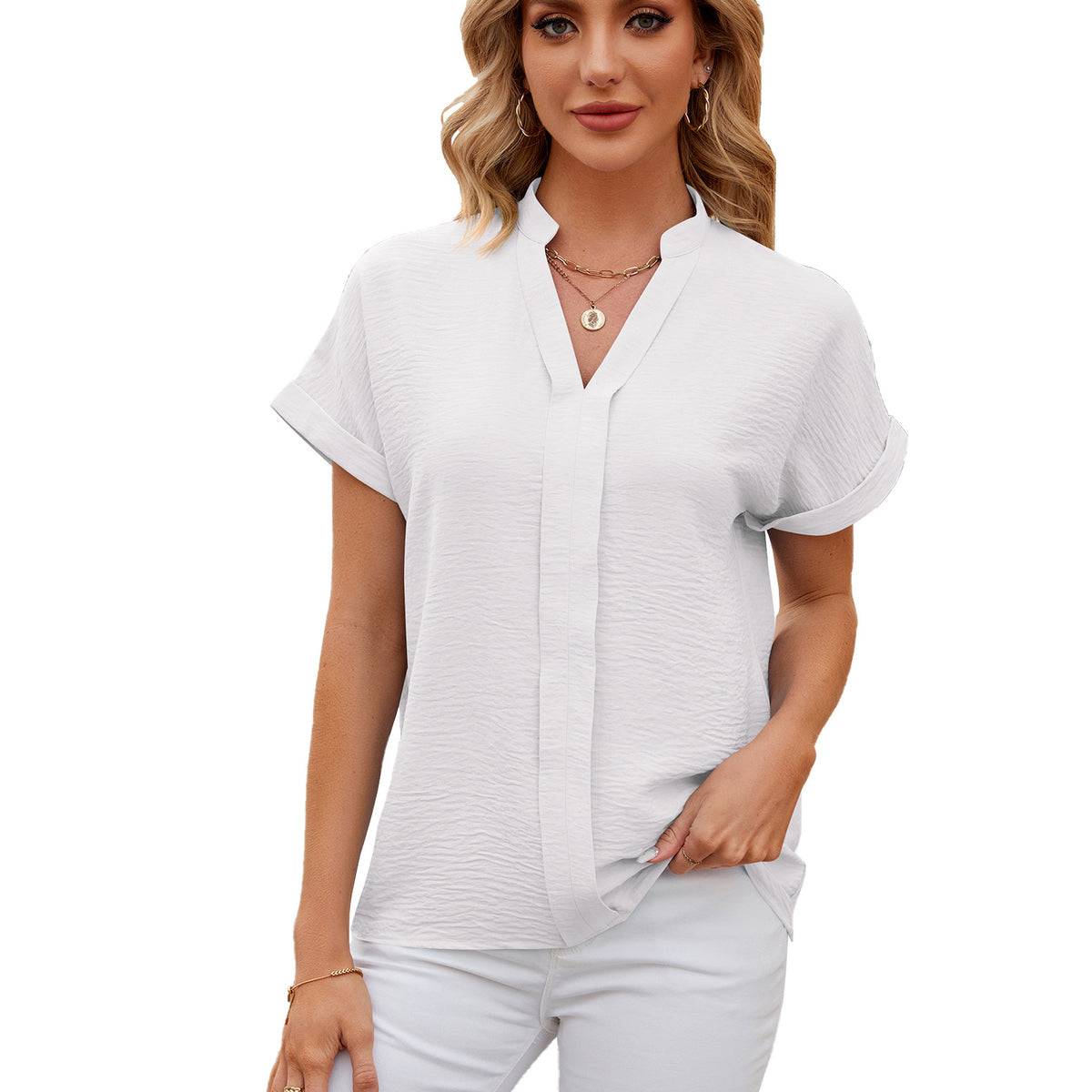 Glamorous Solid Color Sleeve Loose Casual Lace Shirt, Chiffon Shirt