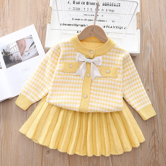 Korean Style Sweater Cardigan Skirt Knitted Crew Children's Suit