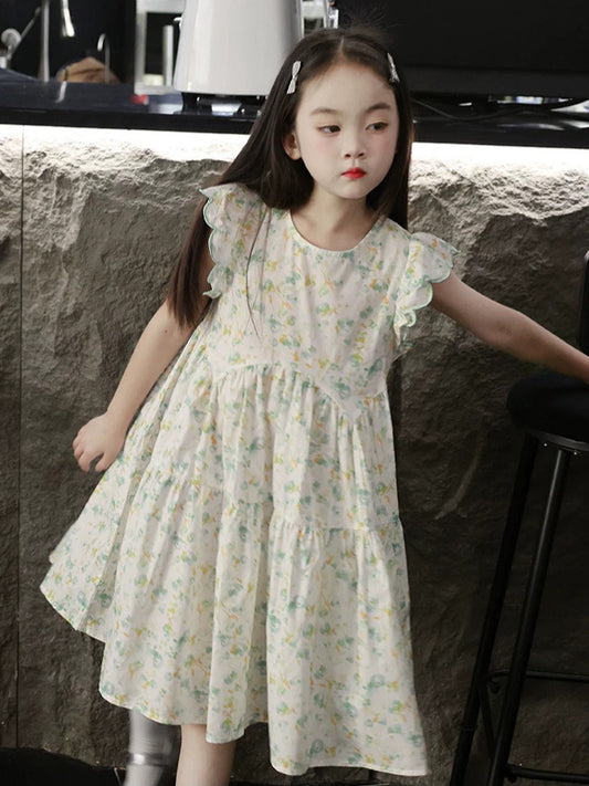 Children's Summer Princess Floral Cotton Flounced Sleeve Children's Dress