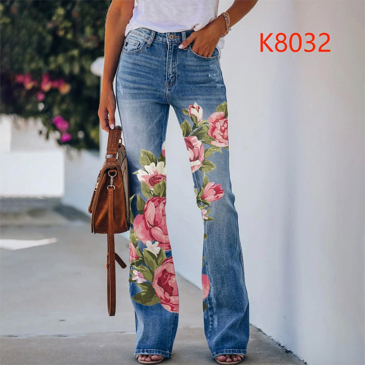 Women's Large Casual Imitation Denim Bell-bottom Floral Pants