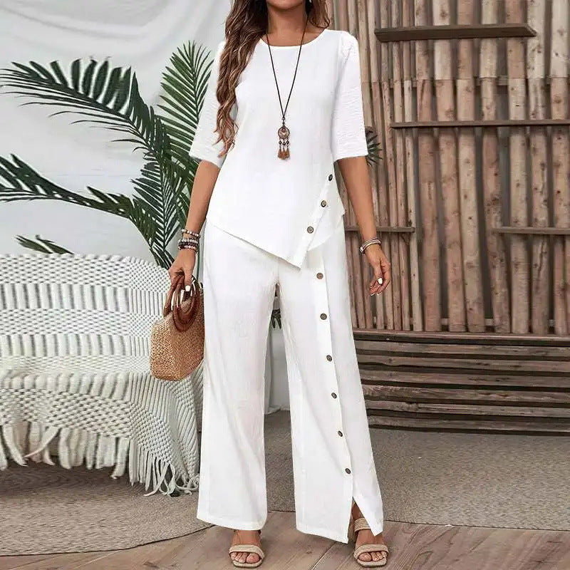 Women's Irregular Hem Trousers Button Half Sleeve Suits