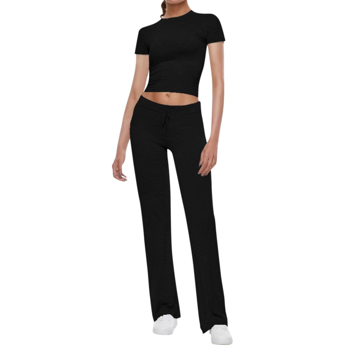 American Basic Solid Color T-shirt Flanging Waist Head Sleeve Hot Fashion Casual Suit