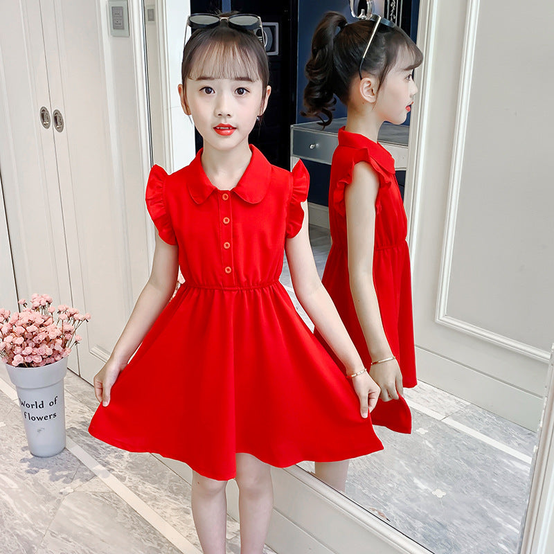 Children's Fashionable Solid Color Polo Collar Wooden Ear Teens Children's Dress