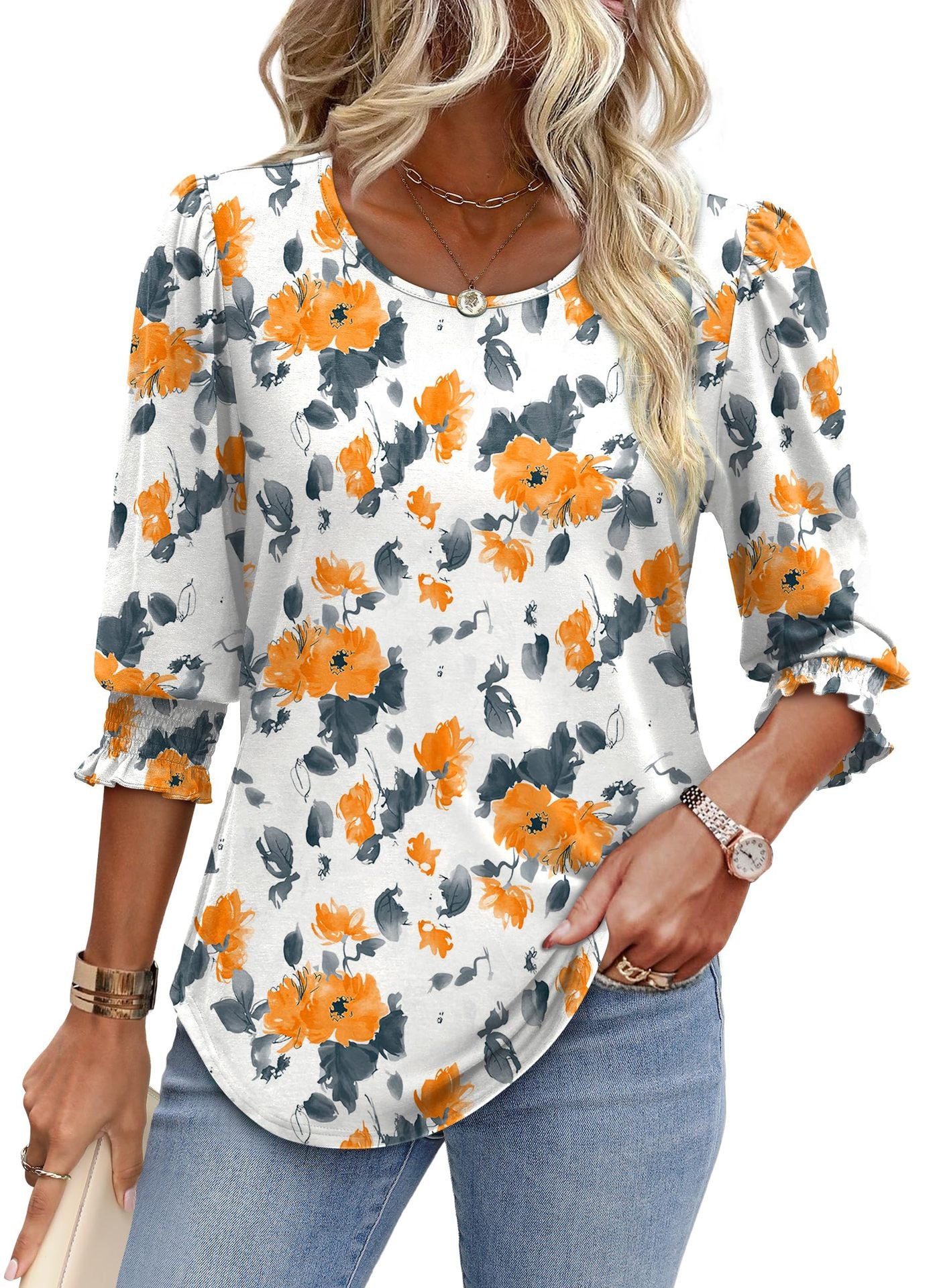 Women's Summer Smocking 7-point Sleeve Round Neck Women's T-shirt