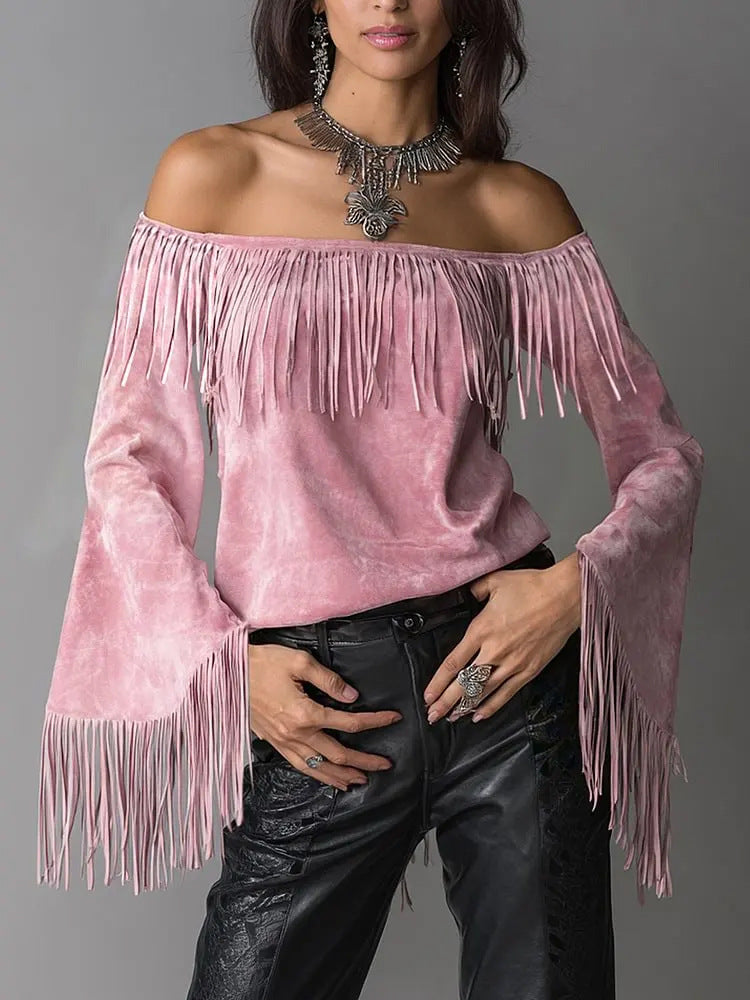 Women's Retro Tassel Suede Flared Long Sleeve Western Women's T-shirt