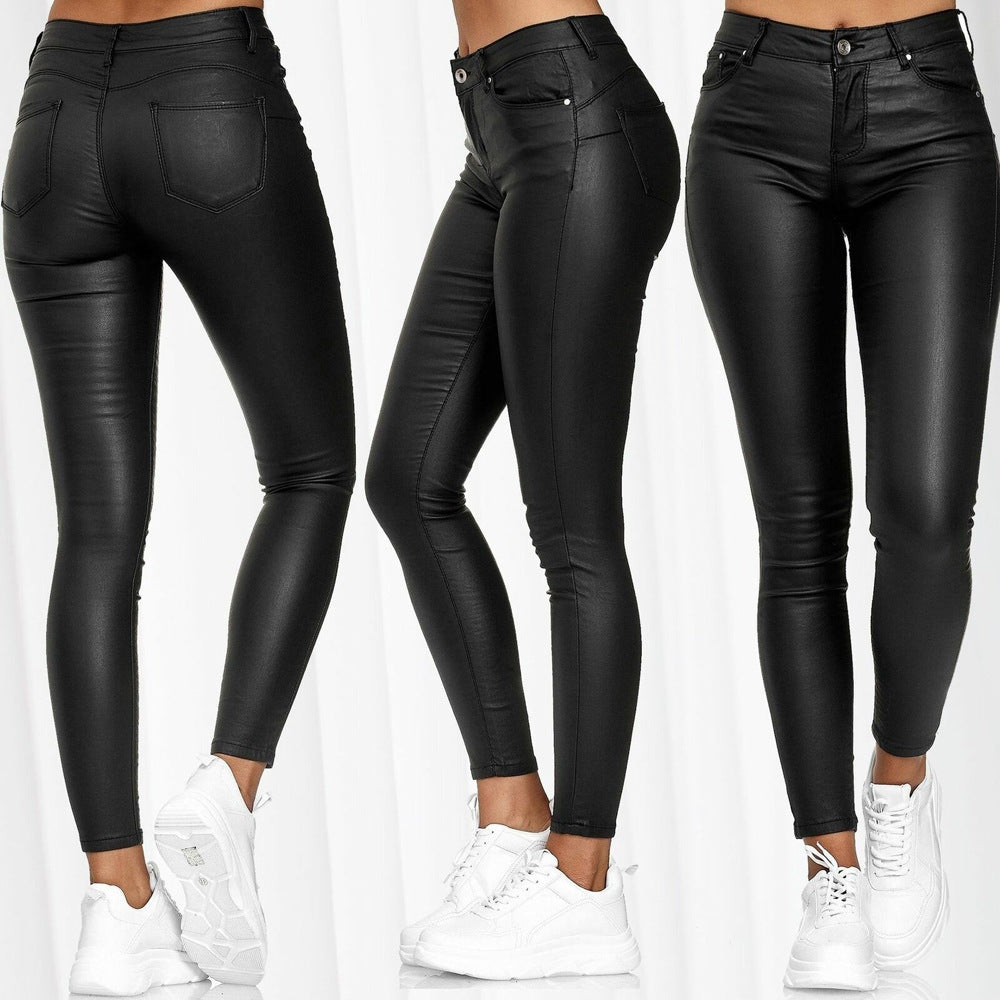 Women's High Waist Pure Color Leather Skinny Casual Pants