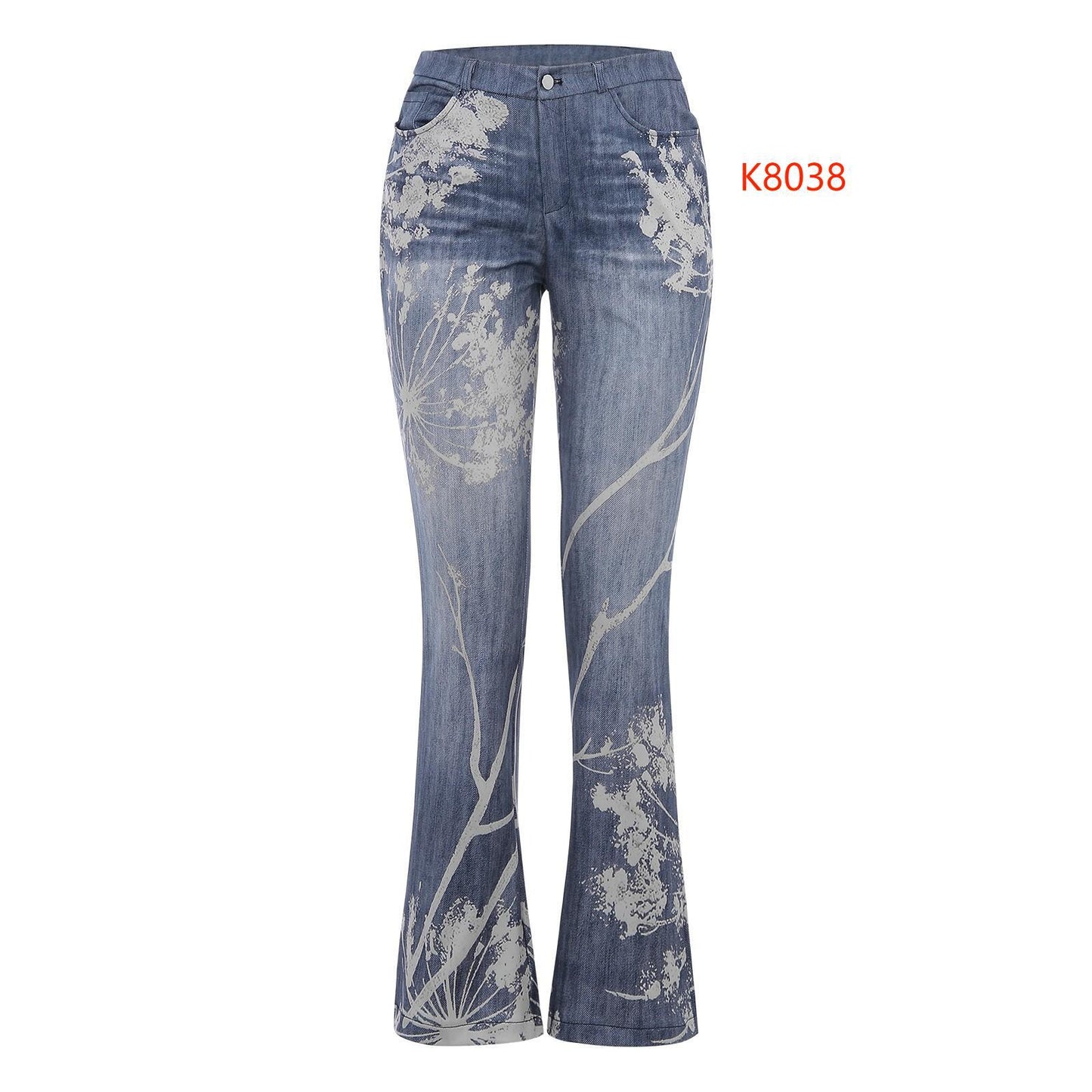 Women's Large Casual Imitation Denim Bell-bottom Floral Pants