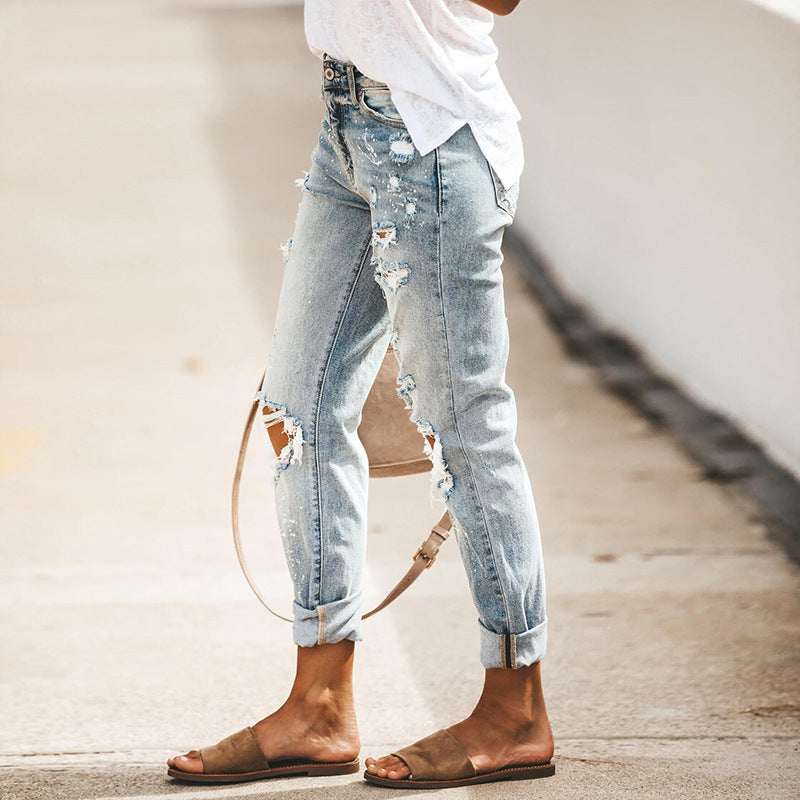 Women's Summer Stretch Water Washed Hole Straight Women's Jeans