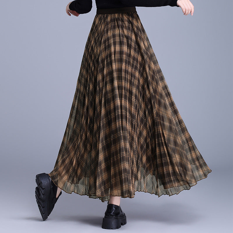 Korean Style Pleated Rhombus Encryption Yarn Elastic Waist High Skirts