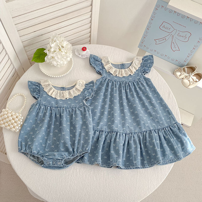 Summer Denim Bow Print Vest Crawling Suit Children's Dress