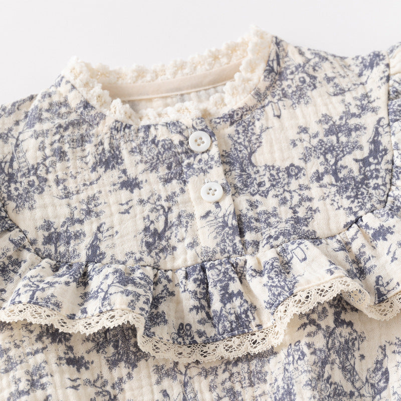 Cotton Gauze Ink Painting Rompers Long Sleeve Triangle Jumpsuit, Climbing Suit