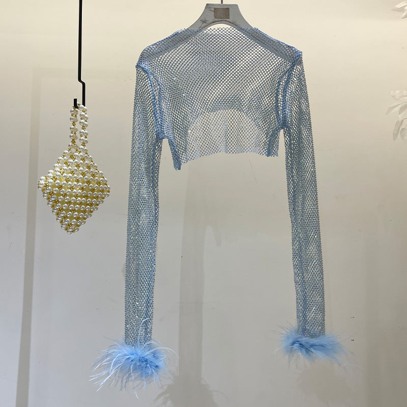 Fashion Rhinestone Long Sleeve Shiny Cuff Ostrich Tops