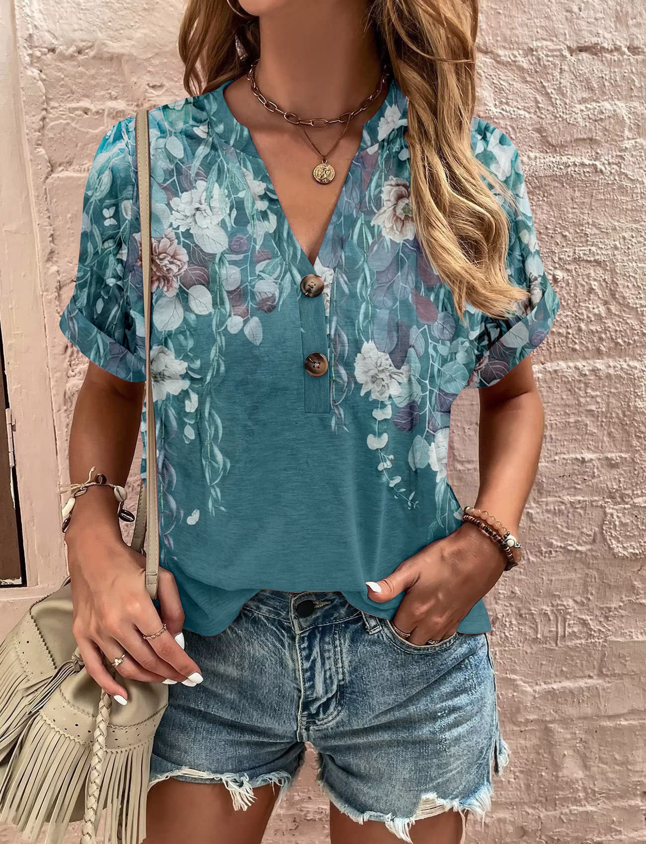 Unique Women's Printed Button Fashion Sleeve Shorts