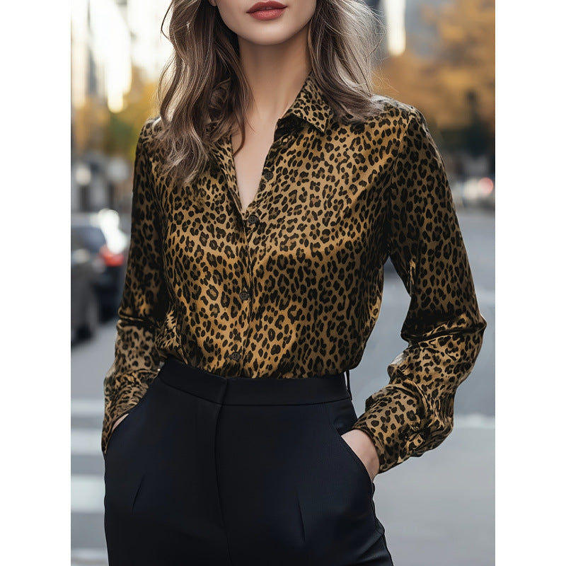 Women's Autumn Satin Printed Long-sleeved Shirt Blouse