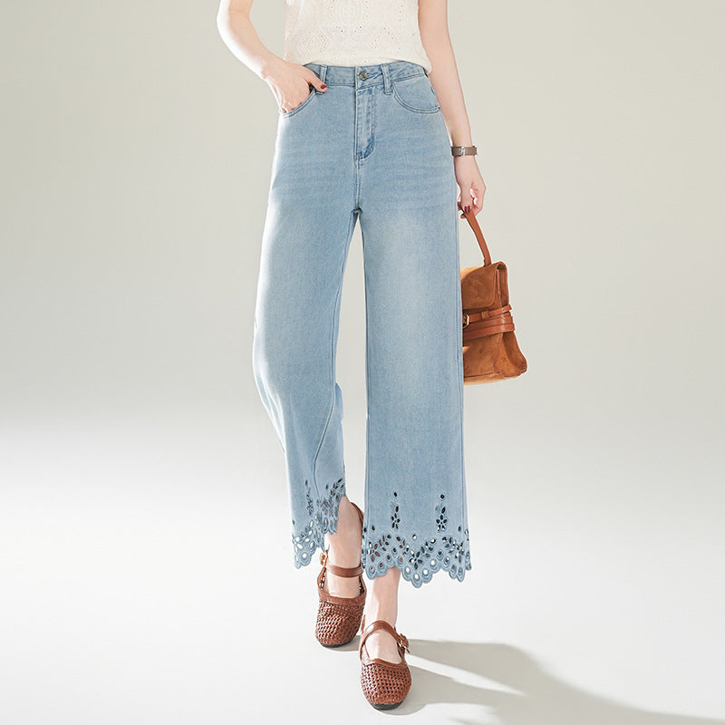 Women's Light Blue Embroidered Design Hollow Lace Narrow Version Pants