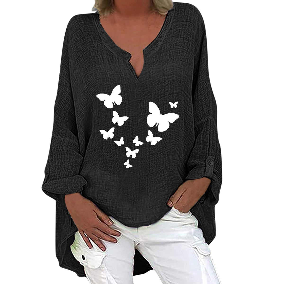 Women's Group Printed Collar Cotton Linen Long-sleeved Shirt Tops