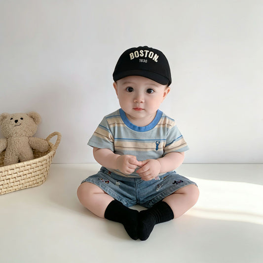 Women's & Men's Infants Summer Striped Embroidery Short-sleeved Shirt Children's T-shirt