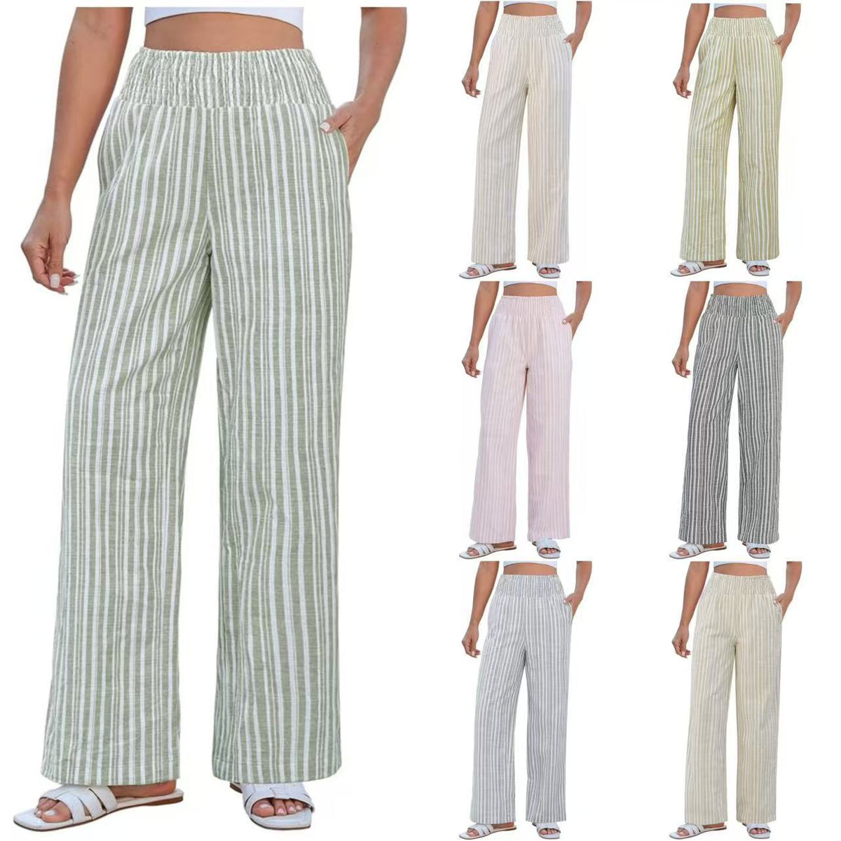 Women's Striped Loose Smocking High Waist Casual Pants