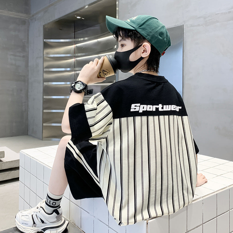 Children's Clothing Boys Summer Middle Big Handsome Stripes Short Sleeve Children's Suit