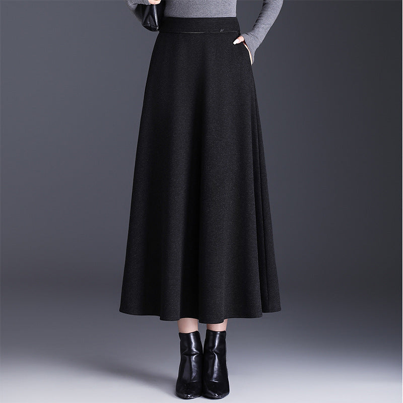 Women's Woolen Thick Winter Dress Mid-length High Waist A- Line Slimming Skirt