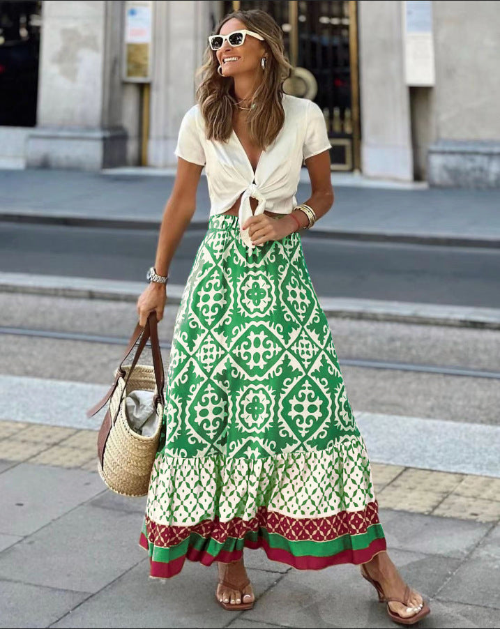 Women's Summer Printed Loose Stitching Large Swing Skirt