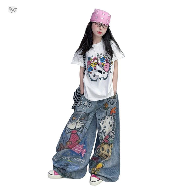 Printed Short-sleeved Jeans Korean Cartoon T-shirt Iti Pants Children's Suit