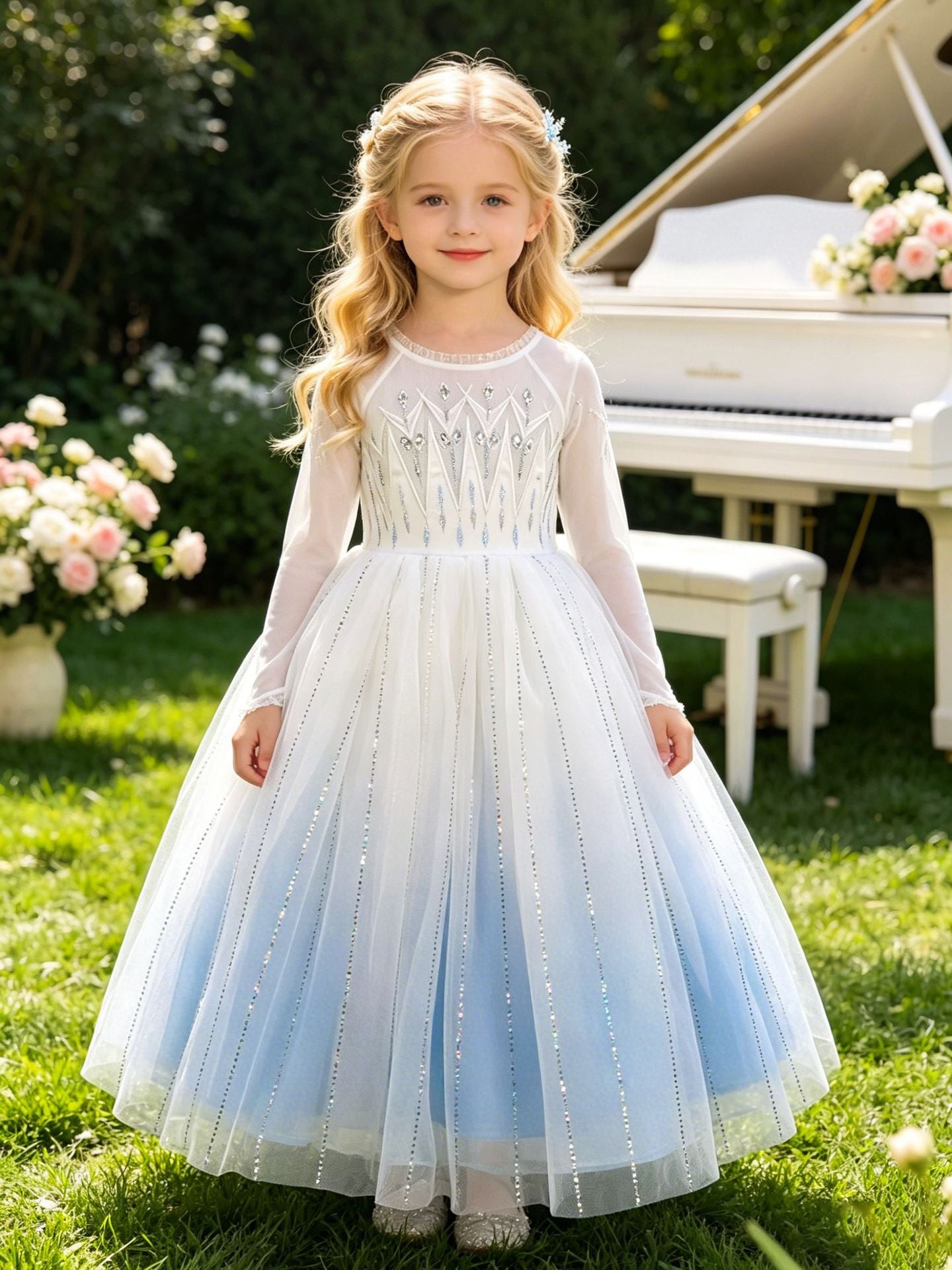 Beads Veil Movie Elsa Style Ice Snow Princess Birthday Piano Children's Dress
